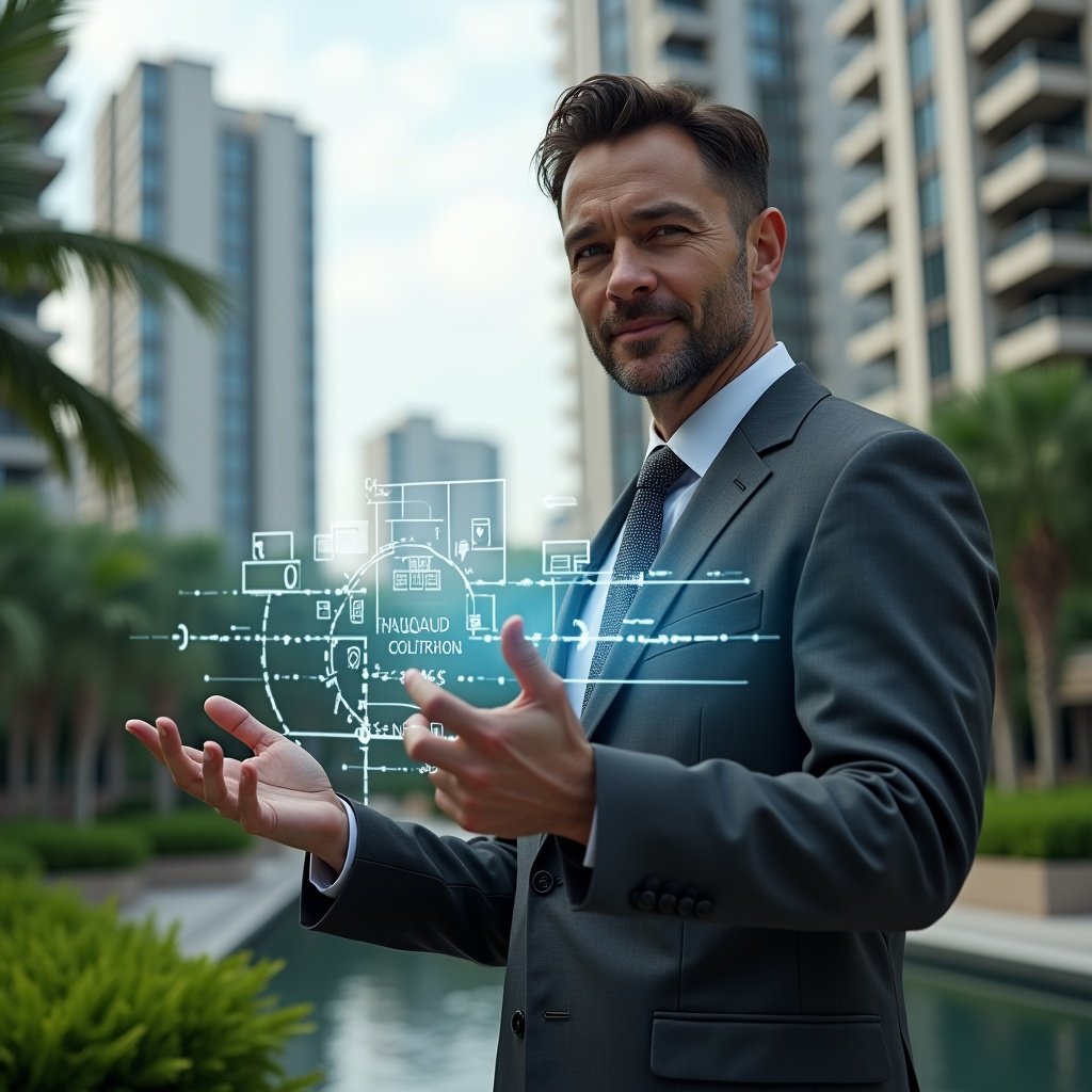 Ultra-realistic condominium manager in a charcoal gray suit, set in a modern luxury condominium environment with high-rise buildings and manicured green landscaping, holding a holographic interface displaying icons for finance, chat, access control, reservations, and analytics, confidently gesturing toward the floating app dashboard, cinematic lighting, shallow depth of field, highly detailed textures, realistic skin, photographic realism, 8k resolution --ar 1:1 --v 6