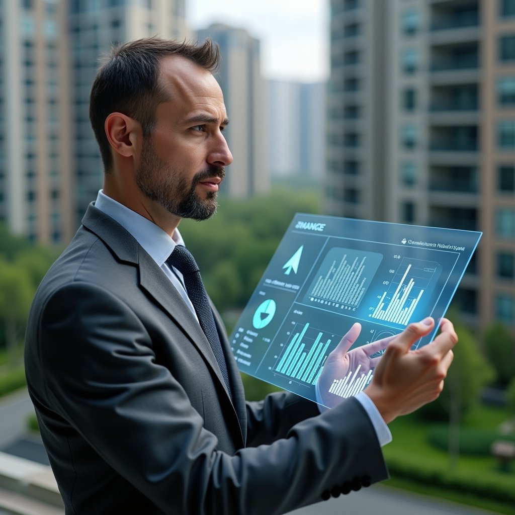 Ultra-realistic condominium manager in a charcoal gray suit, set in a modern luxury condominium environment with high-rise buildings and manicured green landscaping, holding and analyzing a holographic financial dashboard displaying expense-reduction icons and budget charts, confident expression, cinematic lighting, shallow depth of field, highly detailed textures, realistic skin, photographic realism, 8k resolution --ar 1:1 --v 6
