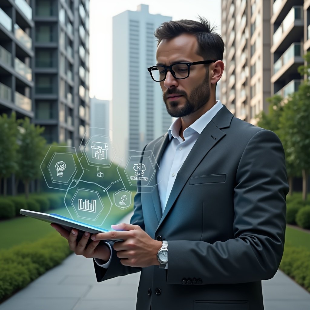 Ultra-realistic condominium manager in a charcoal gray suit, set in a modern luxury condominium environment with high-rise buildings and manicured green landscaping, holding a tablet displaying holographic icons of reservations, finance charts, security alerts and analytics dashboards, confidently interacting with the floating app interface, cinematic lighting, shallow depth of field, highly detailed textures, realistic skin, photographic realism, 8k resolution --ar 1:1 --v 6