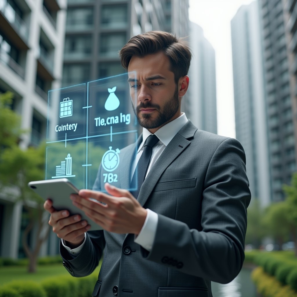 (Ultra-realistic condominium manager in a charcoal gray suit, set in a modern luxury condominium environment with high-rise buildings and lush green landscaping, interacting with holographic performance metrics showing icons for a water droplet, a money bag, a clock and building occupancy, analyzing data with a focused, confident expression, cinematic lighting, shallow depth of field, highly detailed textures, realistic skin, photographic realism, 8k resolution --ar 1:1 --v 6)