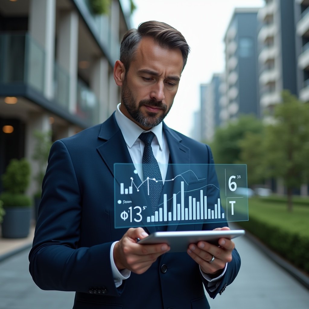 (Ultra-realistic condominium manager in a navy blue tailored suit, set in a modern luxury condominium environment with high-rise buildings and manicured greenery, holding a transparent tablet displaying floating holographic financial charts and indicators, analyzing metrics with a focused and confident expression, cinematic lighting, shallow depth of field, highly detailed textures, realistic skin, photographic realism, 8k resolution --ar 1:1 --v 6)