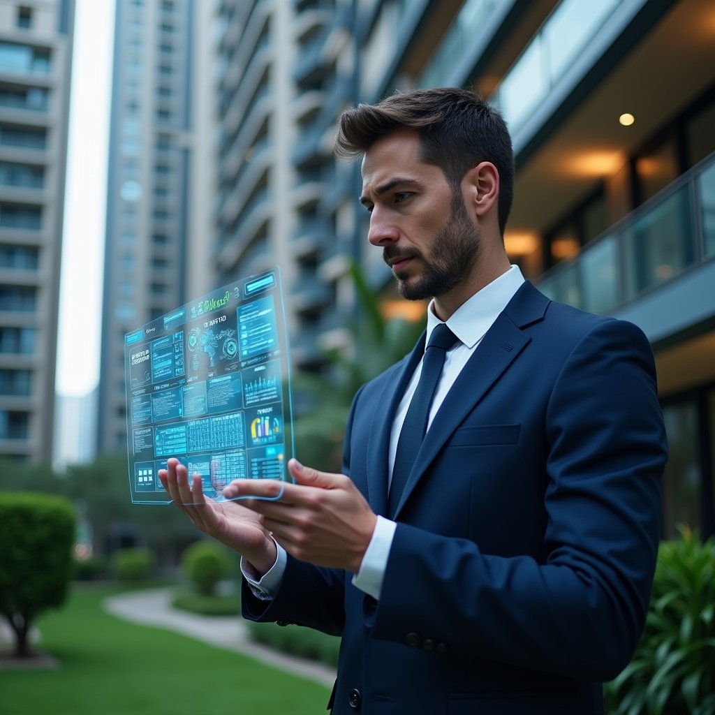 Ultra-realistic condominium manager in a dark blue executive suit, set in a modern luxury condominium environment with high-rise buildings and manicured green landscaping, examining a transparent holographic financial dashboard with glowing charts and indicators, confident and focused expression, cinematic lighting, shallow depth of field, highly detailed textures, realistic skin, photographic realism, 8k resolution --ar 1:1 --v 6