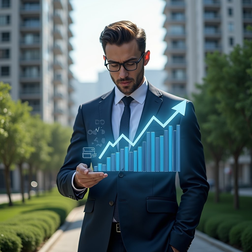 Ultra-realistic condominium manager in a tailored navy suit, set in a modern luxury condominium environment with high-rise buildings and lush green landscaping, analyzing a floating holographic financial chart with downward-trend arrows and app icons symbolizing cost reduction, confident and focused expression, cinematic lighting, shallow depth of field, highly detailed textures, realistic skin, photographic realism, 8k resolution --ar 1:1 --v 6