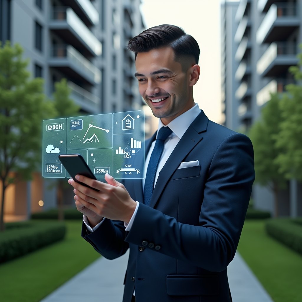 Ultra-realistic property manager in a sleek navy suit, set in a modern luxury condominium environment with high-rise buildings and lush green landscaping, holding a smartphone projecting a holographic dashboard with icons for communication, finance, maintenance, security, and community, confident and focused expression, cinematic lighting, shallow depth of field, highly detailed textures, realistic skin, photographic realism, 8k resolution --ar 1:1 --v 6