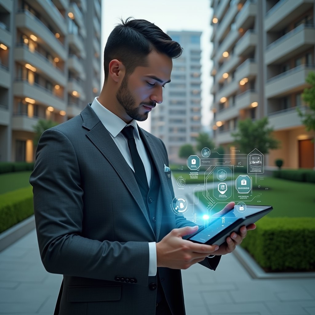 (Ultra-realistic condominium manager in a charcoal gray executive suit, set in a modern luxury condominium environment with high-rise buildings and manicured green landscaping, holding a digital tablet displaying a holographic condo management dashboard with icons for finance, security and communication, confidently analyzing data, cinematic lighting, shallow depth of field, highly detailed textures, realistic skin, photographic realism, 8k resolution --ar 1:1 --v 6)