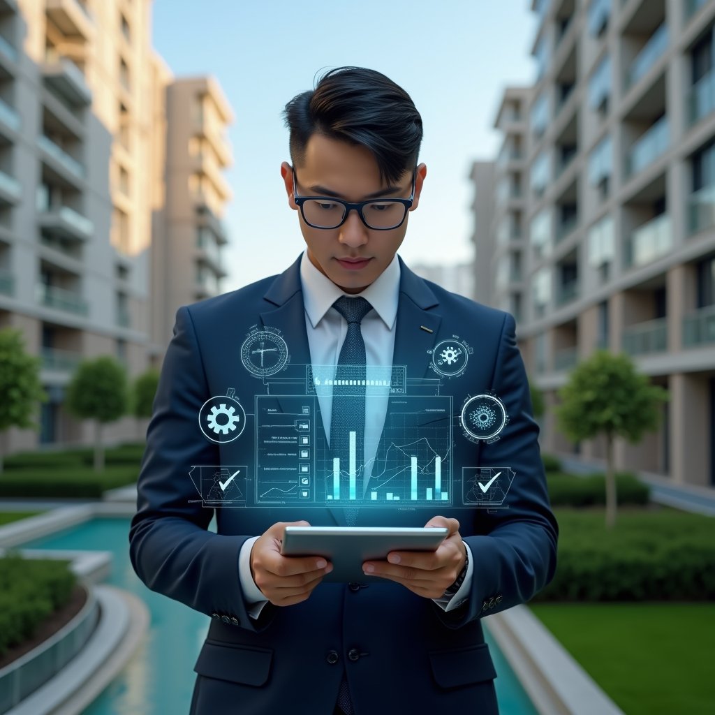 Ultra-realistic condominium manager in a tailored navy suit, set in a modern luxury condominium environment with high-rise buildings and manicured green landscaping, mid-shot of a professional confidently analyzing a holographic dashboard of performance metrics and cost-saving graphs above a sleek tablet, floating icons of gears and checklists around them, cinematic lighting, shallow depth of field, highly detailed textures, realistic skin, photographic realism, 8k resolution --ar 1:1 --v 6