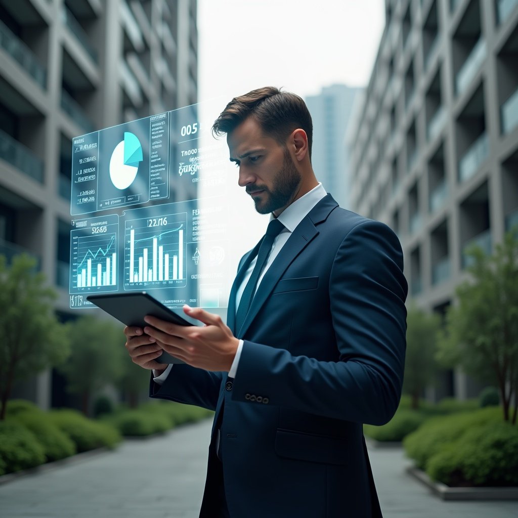 (Ultra-realistic condominium manager in a tailored navy suit, set in a modern luxury condominium environment with high-rise buildings and lush green landscaping, holding a tablet displaying holographic financial charts with warning icons, examining data with a focused and thoughtful expression, floating translucent balance sheets and pie-chart holograms around them, cinematic lighting, shallow depth of field, highly detailed textures, realistic skin, photographic realism, 8k resolution --ar 1:1 --v 6)
