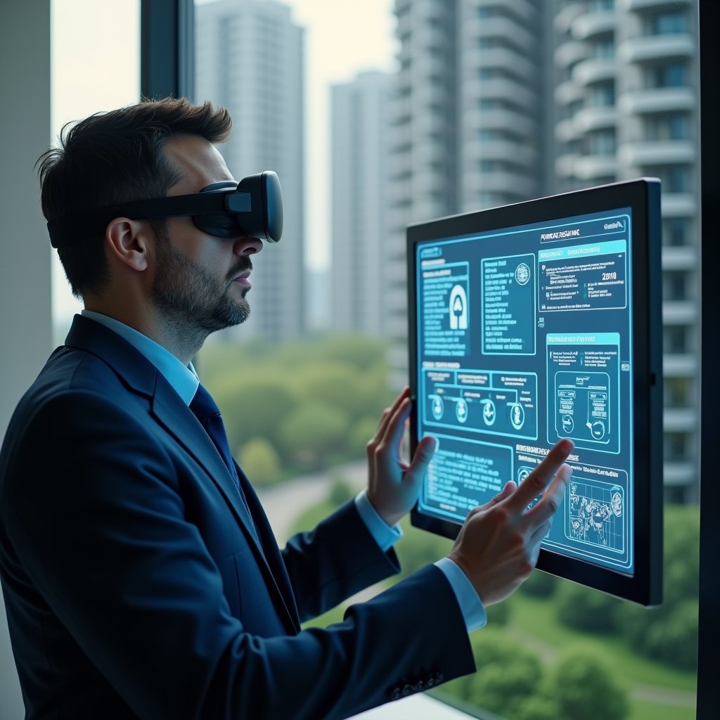 (Ultra-realistic condominium manager in a navy blue suit, set in a modern luxury condominium environment with high-rise buildings and manicured gardens, close-up of a thoughtful and concerned professional examining a holographic dashboard displaying error icons, broken integration flowcharts and warning symbols, cinematic lighting, shallow depth of field, highly detailed textures, realistic skin, photographic realism, 8k resolution --ar 1:1 --v 6)