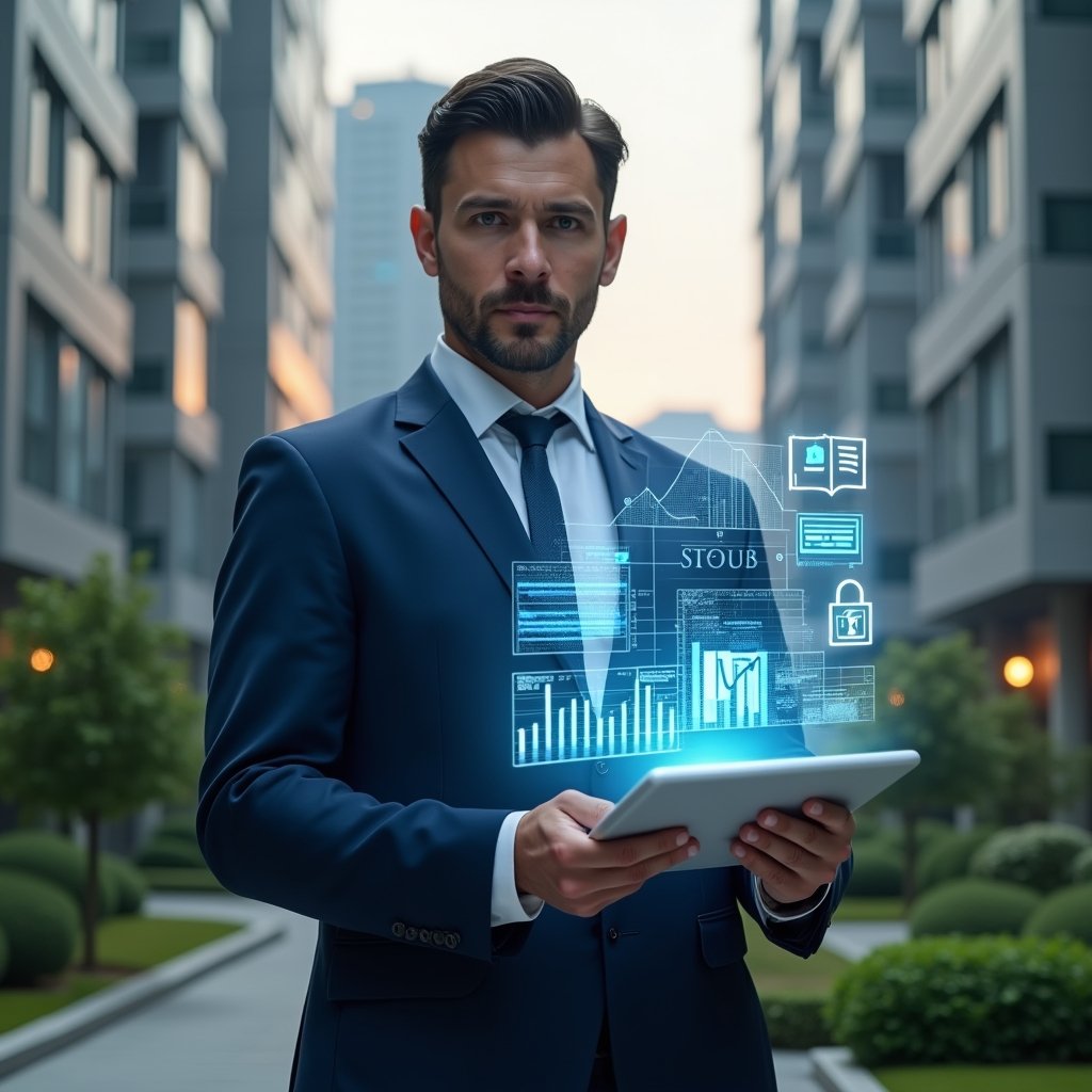Ultra-realistic condominium manager in a navy blue executive suit, set in a modern luxury condominium environment with high-rise buildings and meticulously landscaped greenery, holding a holographic financial report with glowing charts and graphs, confidently reviewing digital invoices on a transparent tablet, symbolic floating icons of documents and padlocks representing transparency and security, cinematic lighting, shallow depth of field, highly detailed textures, realistic skin, photographic realism, 8k resolution --ar 1:1 --v 6