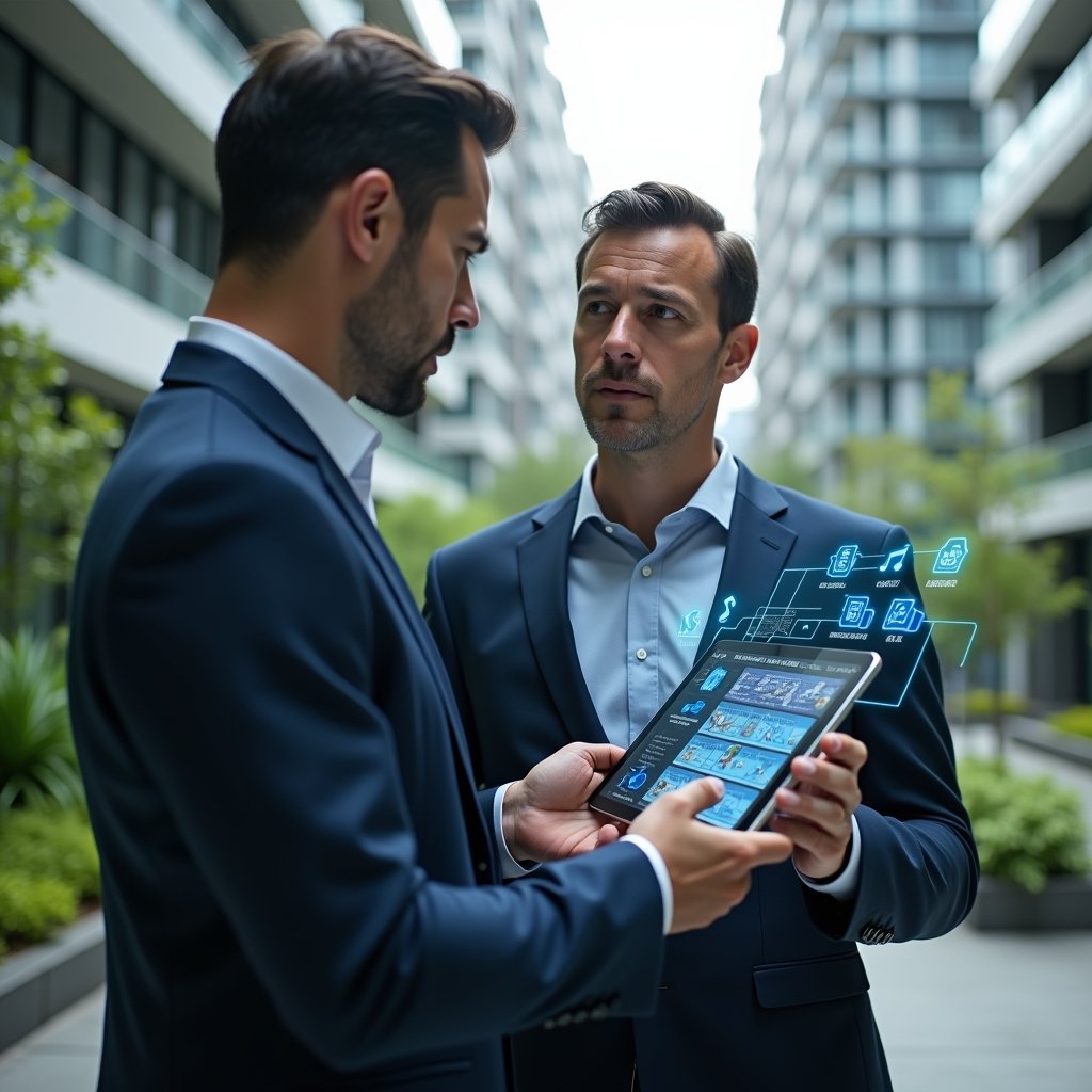Ultra-realistic condominium manager in a navy executive suit, set in a modern luxury condominium environment with high-rise buildings and lush green landscaping, holding a tablet displaying a holographic calendar schedule, analyzing tasks with a focused, confident expression, holographic icons of maintenance tools and notification alerts floating beside them, cinematic lighting, shallow depth of field, highly detailed textures, realistic skin, photographic realism, 8k resolution --ar 1:1 --v 6