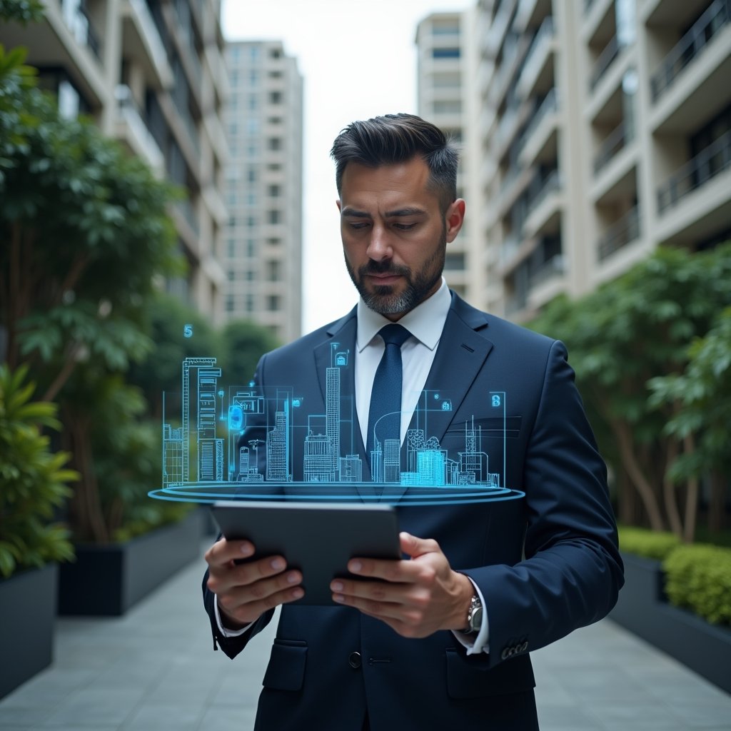 Ultra-realistic condominium manager in a tailored navy suit, set in a modern luxury condominium environment with high-rise buildings and lush green landscaping, holding a tablet displaying holographic task icons and building schematics, confidently analyzing digital checklists, cinematic lighting, shallow depth of field, highly detailed textures, realistic skin, photographic realism, 8k resolution --ar 1:1 --v 6