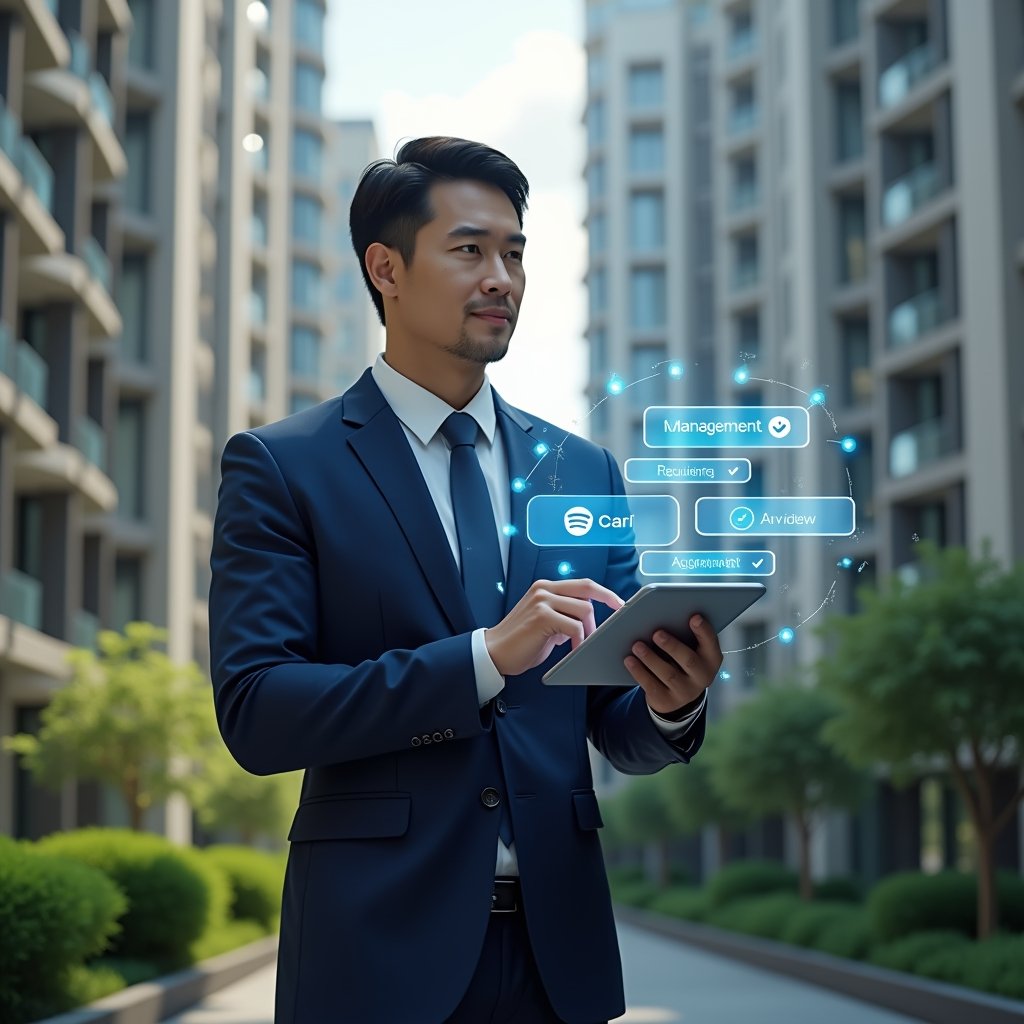 Ultra-realistic condominium manager in a navy blue executive suit, set in a modern luxury condominium environment with high-rise buildings and lush green landscaping, standing mid-shot while interacting with a holographic interface displaying chat bubbles and agreement icons, holding a sleek tablet, confident and collaborative expression, cinematic lighting, shallow depth of field, highly detailed textures, realistic skin, photographic realism, 8k resolution --ar 1:1 --v 6