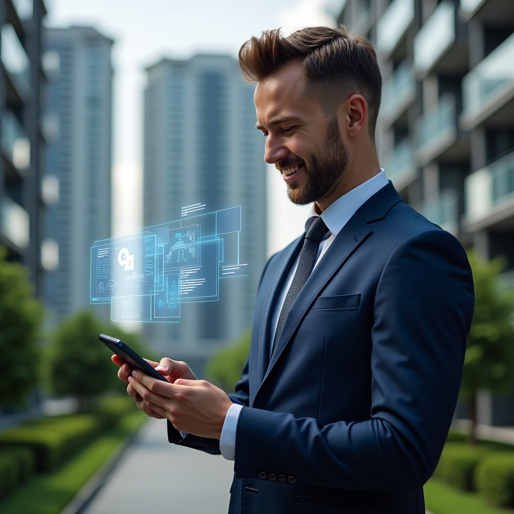 (Ultra-realistic condominium manager in a dark blue suit, set in a modern luxury condominium environment with high-rise buildings and manicured green landscaping, holding a smartphone projecting holographic app icons and checking resident notifications to engage the community, floating translucent interface elements symbolizing an condomínio app, confident and approachable expression, cinematic lighting, shallow depth of field, highly detailed textures, realistic skin, photographic realism, 8k resolution --ar 1:1 --v 6)