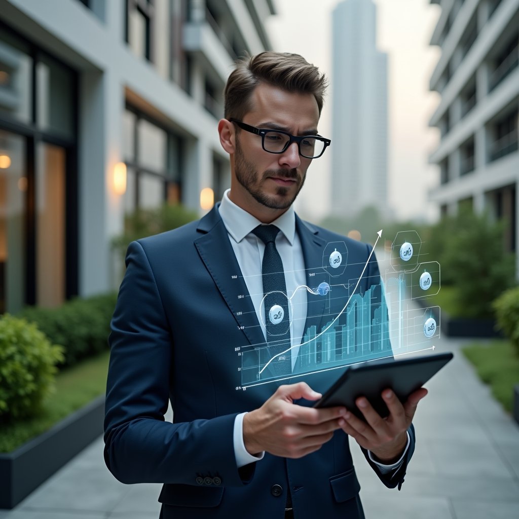 (Ultra-realistic condominium manager in a tailored navy suit, set in a modern luxury condominium environment with high-rise buildings and lush green landscaping, holding a digital tablet displaying a holographic cost-reduction chart, confidently analyzing financial data, holographic icons of coins and graphs floating beside, cinematic lighting, shallow depth of field, highly detailed textures, realistic skin, photographic realism, 8k resolution --ar 1:1 --v 6)