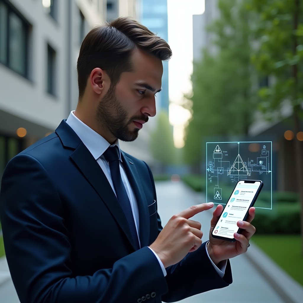 Ultra-realistic condominium manager in a navy executive suit, set in a modern luxury condominium environment with high-rise buildings and manicured green landscaping, analyzing a holographic mobile app interface displaying warning icons and checklists, pointing thoughtfully at pitfalls, cinematic lighting, shallow depth of field, highly detailed textures, realistic skin, photographic realism, 8k resolution --ar 1:1 --v 6