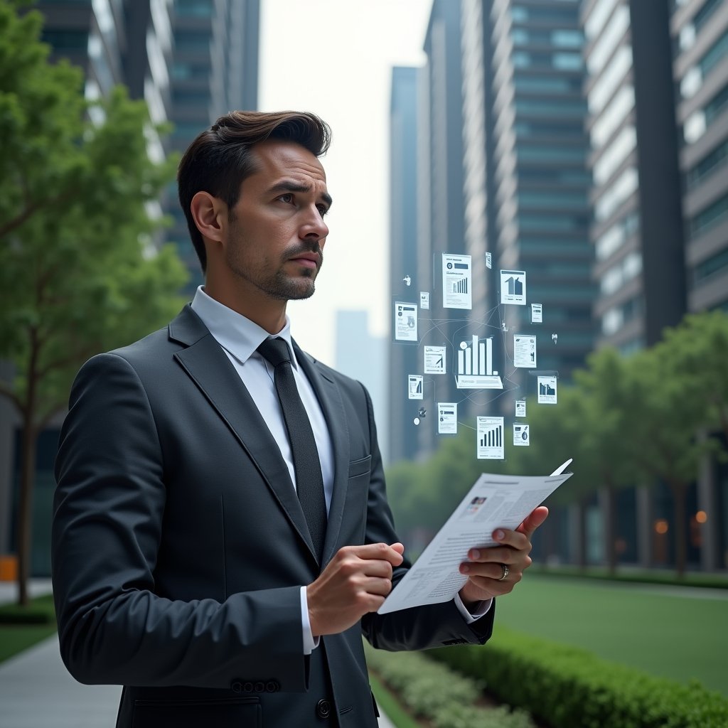 (Ultra-realistic condominium manager in a dark gray executive suit, set in a modern luxury condominium environment with high-rise buildings and manicured green landscaping, medium close-up of a thoughtful professional holding a transparent holographic financial report and reviewing it with a pen, floating icons of charts and documents symbolizing account reconciliation, cinematic lighting, shallow depth of field, highly detailed textures, realistic skin, photographic realism, 8k resolution --ar 1:1 --v 6)