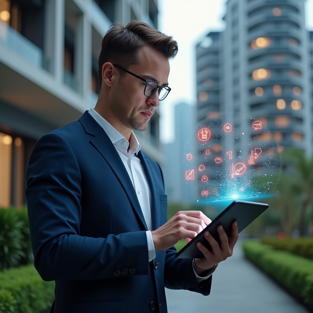 (Ultra-realistic condominium manager in a dark blue suit, set in a modern luxury condominium environment with high-rise buildings and well-manicured green landscaping, holding a tablet displaying a management app with red warning icons, holographic error symbols and performance charts floating around, thoughtful and focused expression analyzing data, cinematic lighting, shallow depth of field, highly detailed textures, realistic skin, photographic realism, 8k resolution --ar 1:1 --v 6)