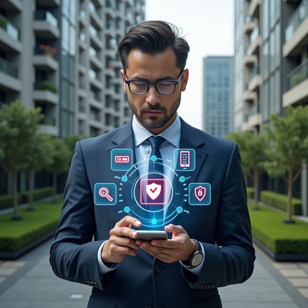 (Ultra-realistic condominium manager in a navy executive suit, set in a modern luxury condominium environment with high-rise buildings and manicured green landscaping, scrutinizing a floating holographic app interface displaying red error icons and checklist items, surrounded by thematic holograms of a mobile phone, security shield, price tag and integration gears, thoughtful and confident expression, cinematic lighting, shallow depth of field, highly detailed textures, realistic skin, photographic realism, 8k resolution --ar 1:1 --v 6)