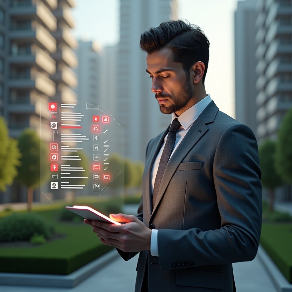 Ultra-realistic condominium manager in a charcoal gray suit, set in a modern luxury condominium environment with high-rise buildings and manicured green landscaping, analyzing a floating holographic checklist with red error icons and app interface elements, holding a glowing tablet, expression focused and thoughtful, cinematic lighting, shallow depth of field, highly detailed textures, realistic skin, photographic realism, 8k resolution --ar 1:1 --v 6