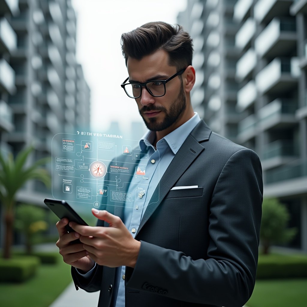 (Ultra-realistic condominium manager in a dark gray suit, set in a modern luxury condominium environment with high-rise buildings and manicured green landscaping, holding a translucent holographic smartphone interface showing warning icons and analytics charts, analyzing 7 key mistakes with a thoughtful expression, floating error symbols and app icons around, cinematic lighting, shallow depth of field, highly detailed textures, realistic skin, photographic realism, 8k resolution --ar 1:1 --v 6)