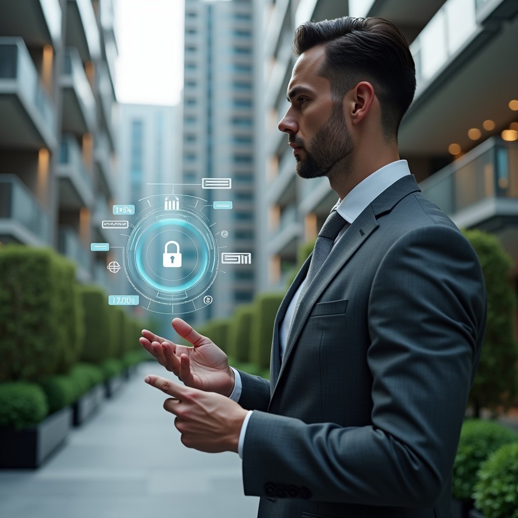 Ultra-realistic condominium manager in a charcoal gray suit, set in a modern luxury condominium environment with high-rise buildings and manicured green landscaping, medium shot, the manager is analyzing a floating holographic interface displaying a security lock icon, chat bubbles and financial charts, confident and focused expression, cinematic lighting, shallow depth of field, highly detailed textures, realistic skin, photographic realism, 8k resolution --ar 1:1 --v 6