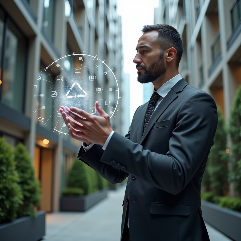 Ultra-realistic condominium manager in a tailored dark gray suit, set in a modern luxury condominium environment with high-rise buildings and meticulously landscaped gardens, examining a holographic digital interface displaying warning icons and checklist items, serious and focused expression conveying diligence, holographic app symbols floating around him, cinematic lighting, shallow depth of field, highly detailed textures, realistic skin, photographic realism, 8k resolution --ar 1:1 --v 6
