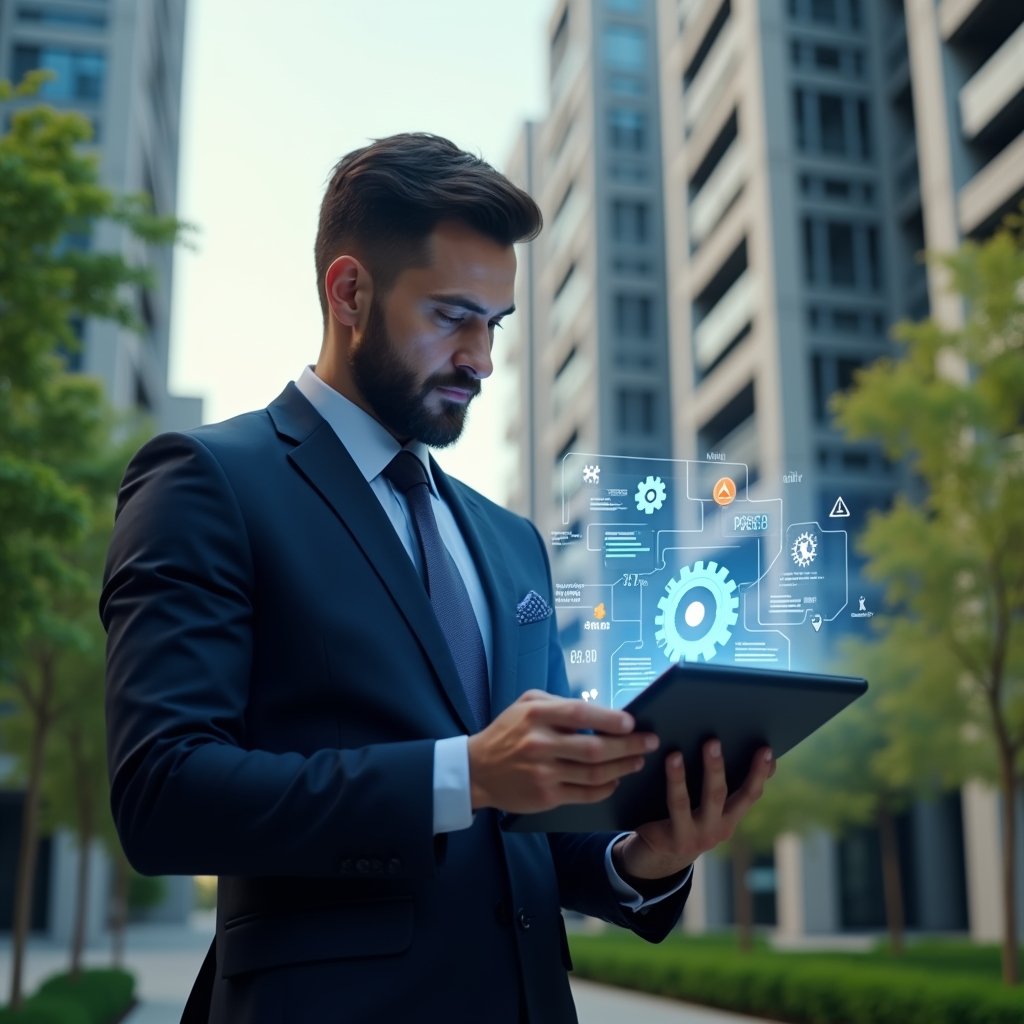 (Ultra-realistic condominium manager in a dark blue executive suit, set in a modern luxury condominium environment with high-rise buildings and lush green landscaping, holding a tablet displaying a holographic interface with warning icons and data charts, expression focused and concerned, floating holographic symbols of gears and alert signs around the device, cinematic lighting, shallow depth of field, highly detailed textures, realistic skin, photographic realism, 8k resolution --ar 1:1 --v 6)