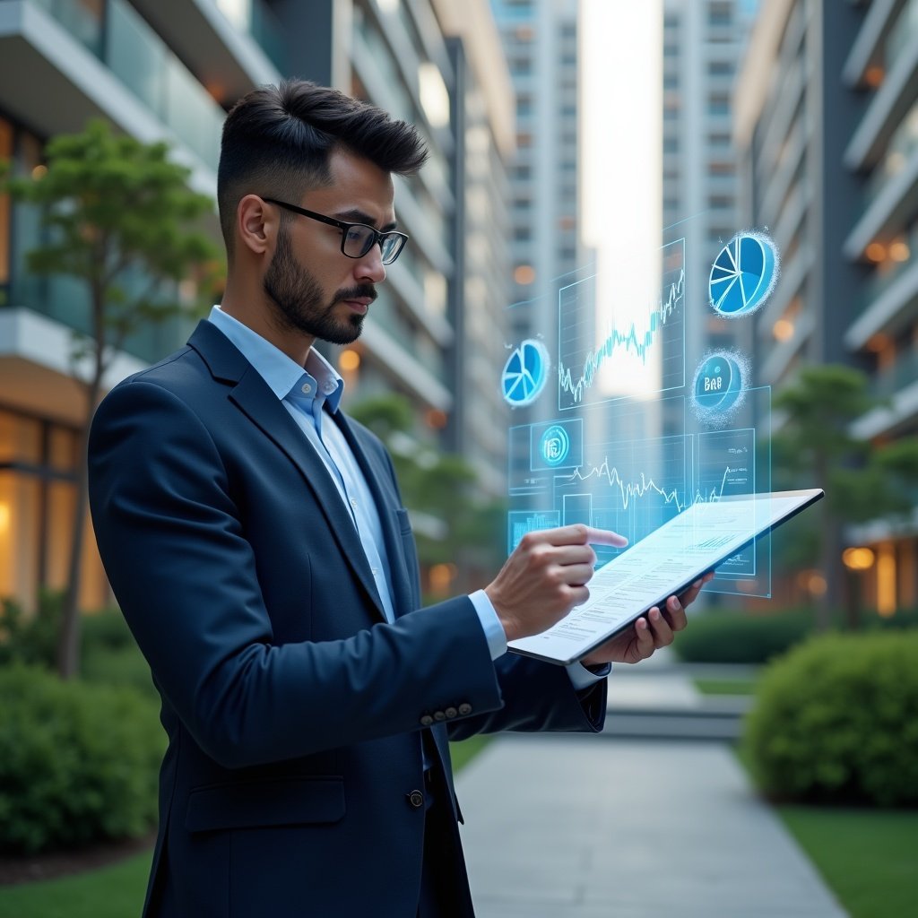 Ultra-realistic condominium manager in a navy suit, set in a modern luxury condominium environment with high-rise buildings and lush green landscaping, medium shot of a professional reviewing transparent holographic financial reports, floating pie charts and line graphs symbolizing accounting accuracy, focused and confident expression, cinematic lighting, shallow depth of field, highly detailed textures, realistic skin, photographic realism, 8k resolution --ar 1:1 --v 6