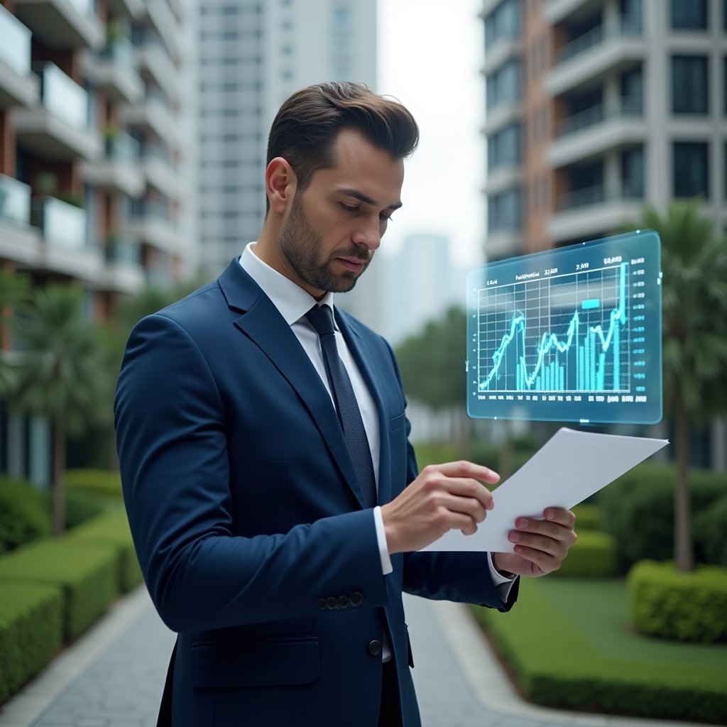 Ultra-realistic condominium manager in a navy blue suit, set in a modern luxury condominium environment with high-rise buildings and manicured green landscaping, reviewing financial documents with a digital holographic chart of accounts floating beside them, serious and focused expression, cinematic lighting, shallow depth of field, highly detailed textures, realistic skin, photographic realism, 8k resolution --ar 1:1 --v 6
