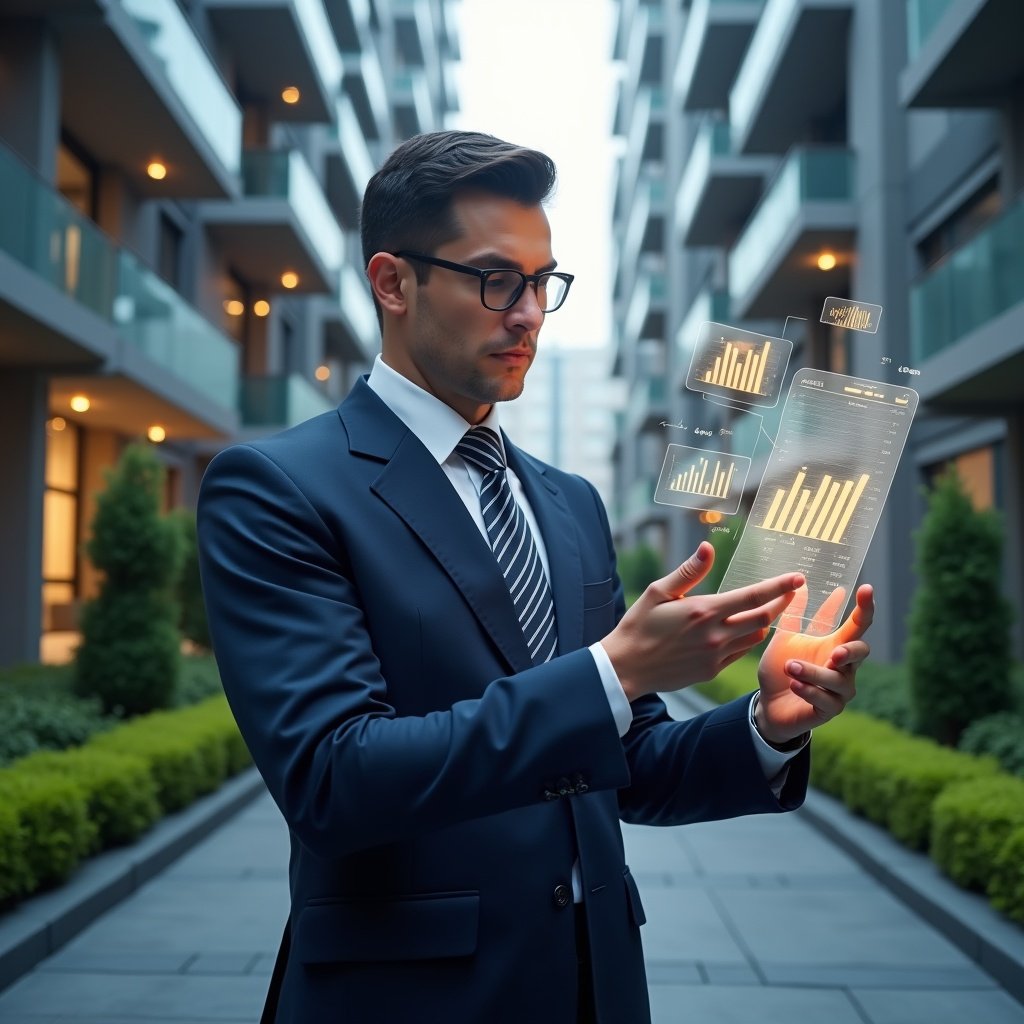 Ultra-realistic condominium manager in a navy business suit, set in a modern luxury condominium environment with high-rise buildings and manicured green landscaping, medium shot, analyzing a floating holographic financial report with glowing charts and icons symbolizing transparency and accurate accounting, expression serious and confident, cinematic lighting, shallow depth of field, highly detailed textures, realistic skin, photographic realism, 8k resolution --ar 1:1 --v 6