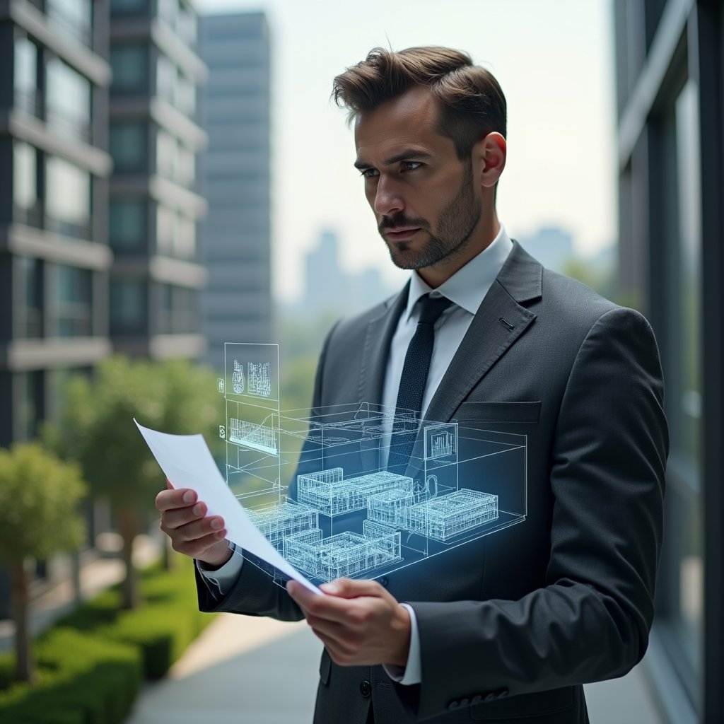 (Ultra-realistic condominium manager in a charcoal gray suit, set in a modern luxury condominium environment with high-rise buildings and well-manicured greenery, holding a holographic 3D blueprint showing fractional unit divisions, analyzing data on a floating digital interface with chart and legal scale icons, confident and focused expression, cinematic lighting, shallow depth of field, highly detailed textures, realistic skin, photographic realism, 8k resolution --ar 1:1 --v 6)