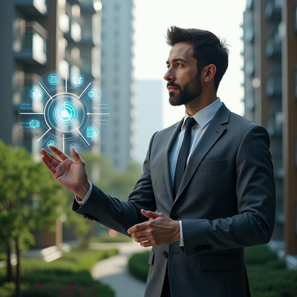 (Ultra-realistic condominium manager in a charcoal gray suit, set in a modern luxury condominium environment with high-rise buildings and meticulously landscaped greenery, interacting with a floating holographic interface displaying icons for finance, reservations, maintenance and communication, confident and focused expression, cinematic lighting, shallow depth of field, highly detailed textures, realistic skin, photographic realism, 8k resolution --ar 1:1 --v 6)