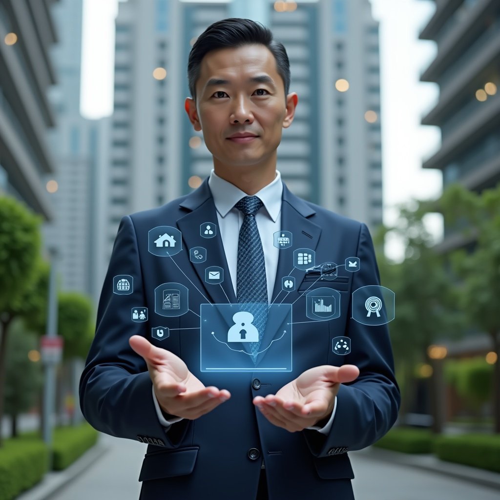 Ultra-realistic condominium manager in a navy executive suit, set in a modern luxury condominium environment with high-rise buildings and manicured green landscaping, confidently interacting with a floating holographic interface displaying icons for finance, visitor access, facility booking, maintenance, communication, electronic voting and analytics dashboard, cinematic lighting, shallow depth of field, highly detailed textures, realistic skin, photographic realism, 8k resolution --ar 1:1 --v 6