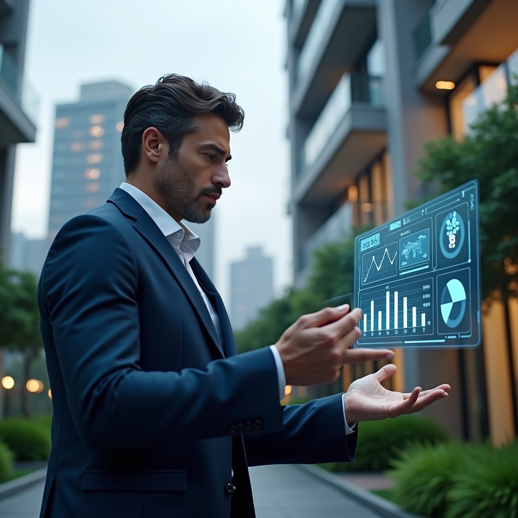 Ultra-realistic condominium manager in a dark blue suit, set in a modern luxury condominium environment with high-rise buildings and manicured green landscaping, examining a floating holographic financial dashboard with bar charts and pie graphs, confident and focused expression, cinematic lighting, shallow depth of field, highly detailed textures, realistic skin, photographic realism, 8k resolution --ar 1:1 --v 6