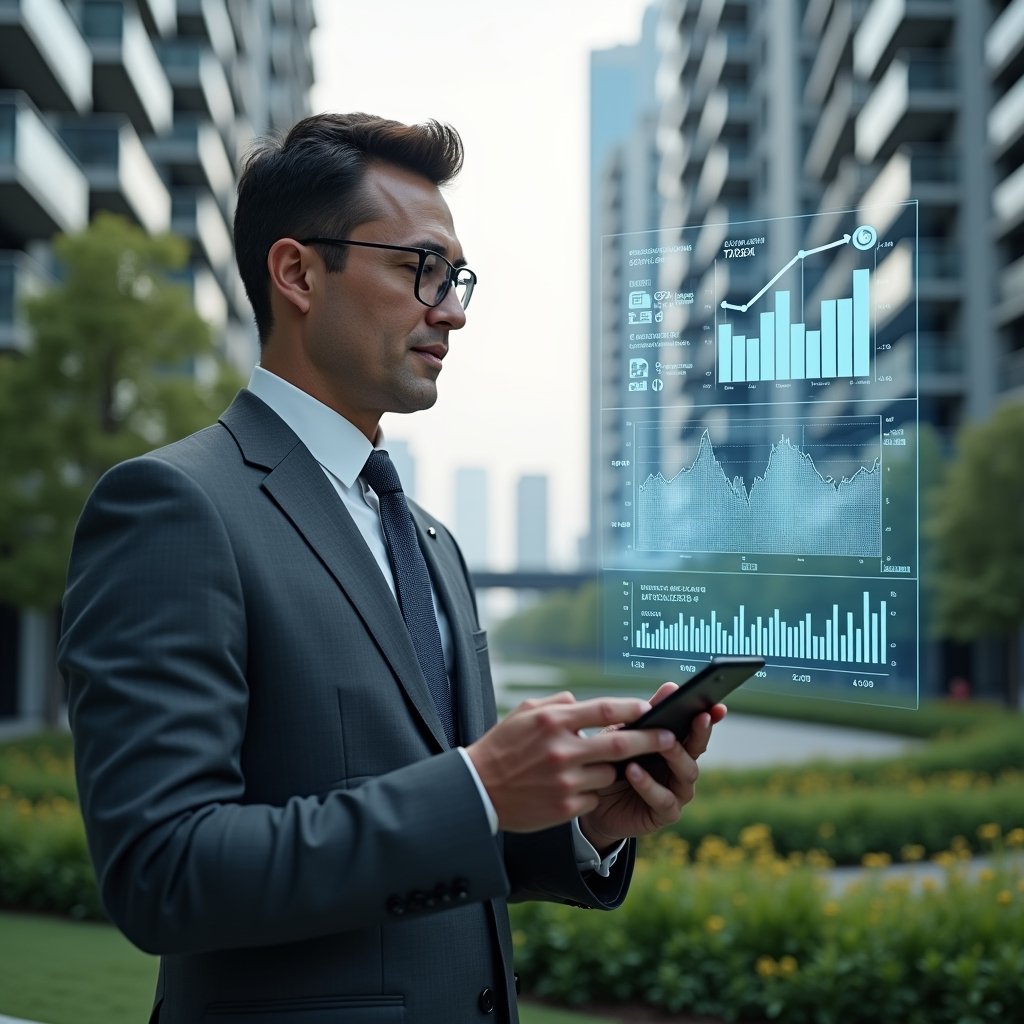 (Ultra-realistic property manager in a charcoal gray suit, set in a modern luxury condominium environment with high-rise buildings and lush green landscaping, analyzing a floating holographic financial dashboard displaying charts and graphs symbolizing agile accounting processes, the professional looking confident and focused, cinematic lighting, shallow depth of field, highly detailed textures, realistic skin, photographic realism, 8k resolution --ar 1:1 --v 6)