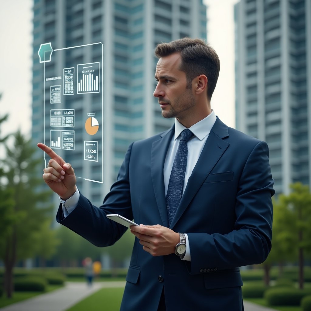 (Ultra-realistic professional condominium manager in a navy blue suit, set in a modern luxury condominium environment with high-rise buildings and lush green landscaping, reviewing transparent holographic expense reports floating before them, confidently pointing at one of the seven detailed charts, cinematic lighting, shallow depth of field, highly detailed textures, realistic skin, photographic realism, 8k resolution --ar 1:1 --v 6)