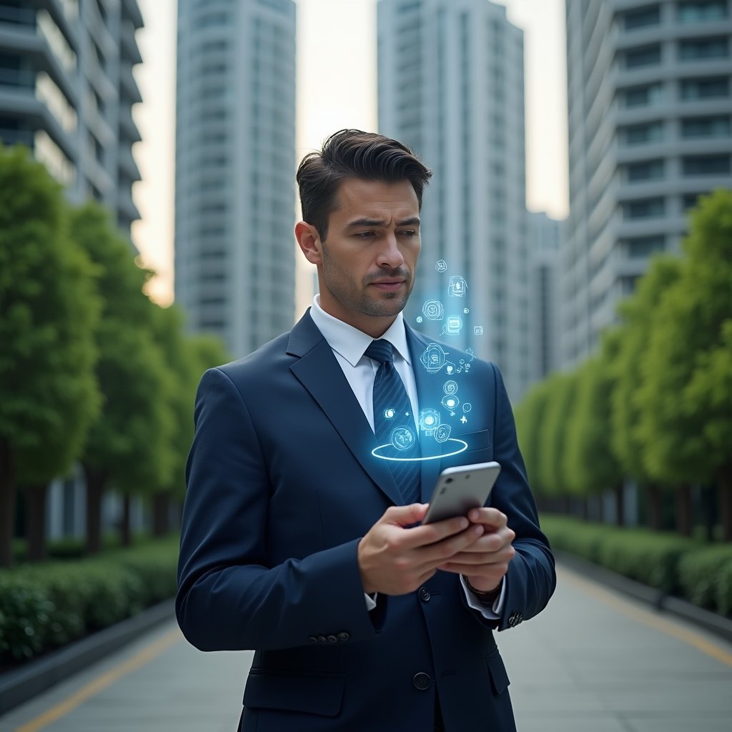 Ultra-realistic condominium manager in a navy executive suit, set in a modern luxury condominium environment with high-rise buildings and meticulously landscaped greenery, mid-shot holding a smartphone with holographic app interface icons floating above the screen, confident expression, showcasing streamlined communication and management, cinematic lighting, shallow depth of field, highly detailed textures, realistic skin, photographic realism, 8k resolution --ar 1:1 --v 6