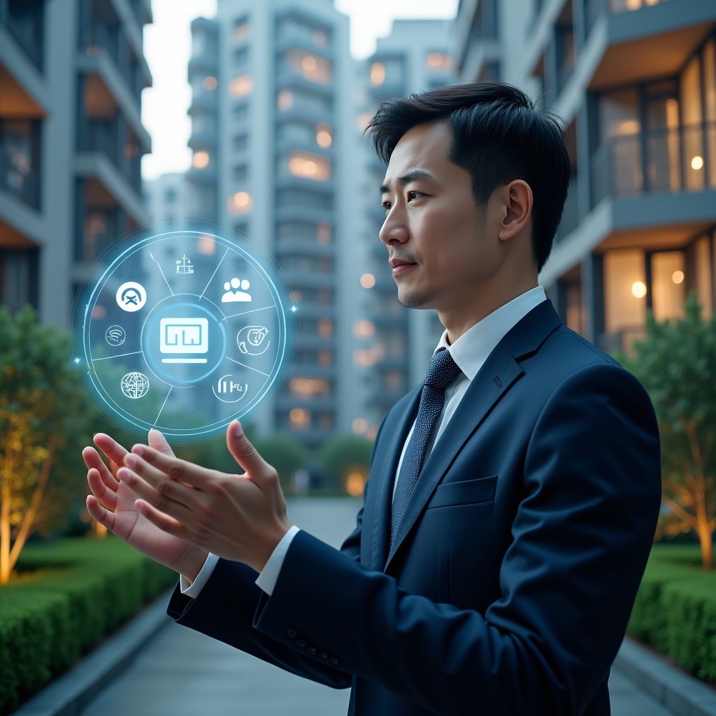 Ultra-realistic condominium manager in a navy business suit, set in a modern luxury condominium environment with high-rise buildings and meticulously landscaped gardens, confidently interacting with a holographic interface displaying app icons for communication, billing, security and analytics, cinematic lighting, shallow depth of field, highly detailed textures, realistic skin, photographic realism, 8k resolution --ar 1:1 --v 6