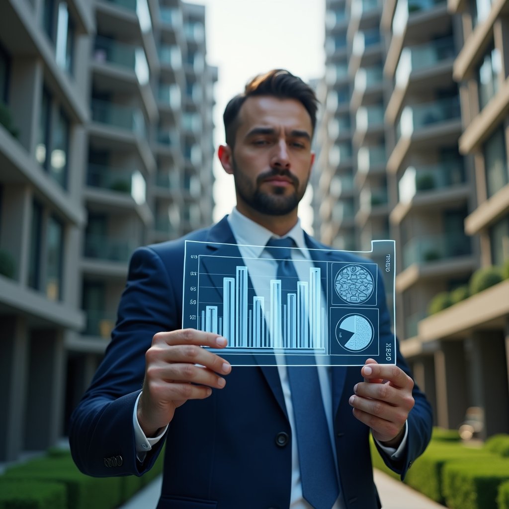 Ultra-realistic condominium manager in a navy blue suit, set in a modern luxury condominium environment with high-rise buildings and manicured green landscaping, medium shot of a confident professional reviewing a transparent holographic financial chart displaying expense bars and pie graphs, symbolizing budgeting and stress-free expense management, cinematic lighting, shallow depth of field, highly detailed textures, realistic skin, photographic realism, 8k resolution --ar 1:1 --v 6
