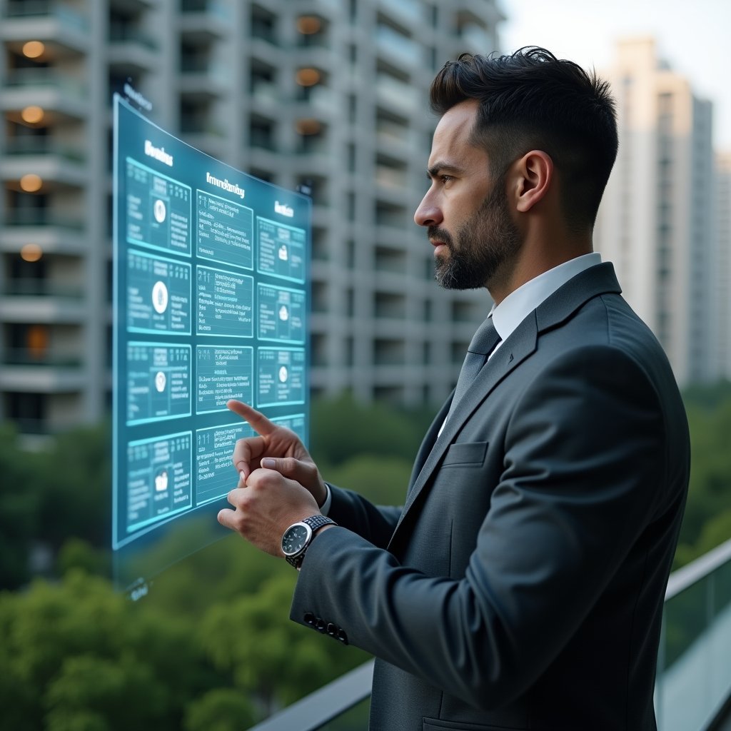 Ultra-realistic condominium manager in a dark gray tailored suit, set in a modern luxury condominium environment with high-rise buildings and lush green landscaping, mid shot of a professional reviewing a holographic scheduling board displaying calendar and task icons, holographic timeline floating next to them, focused and confident expression, cinematic lighting, shallow depth of field, highly detailed textures, realistic skin, photographic realism, 8k resolution --ar 1:1 --v 6
