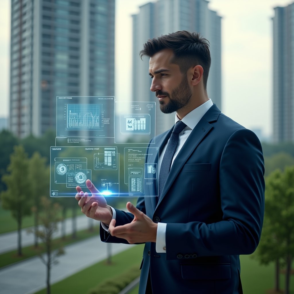 Ultra-realistic condominium manager in a navy executive suit, set in a modern luxury condominium environment with high-rise buildings and lush green landscaping, mid-shot close-up showing the manager confidently analyzing floating holographic financial charts and cost-control icons (dollar signs, budget graphs), cinematic lighting, shallow depth of field, highly detailed textures, realistic skin, photographic realism, 8k resolution --ar 1:1 --v 6