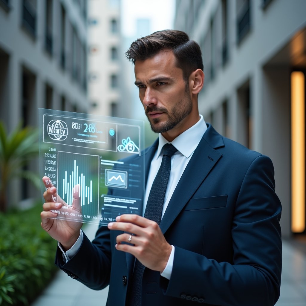 Ultra-realistic condominium manager in a tailored navy suit, set in a modern luxury condominium environment with high-rise buildings and manicured greenery, medium close-up pose reviewing floating holographic financial charts and digital indicators, holographic icons for ROI, liquidity and budget execution hovering before them, confident and focused expression, cinematic lighting, shallow depth of field, highly detailed textures, realistic skin, photographic realism, 8k resolution --ar 1:1 --v 6