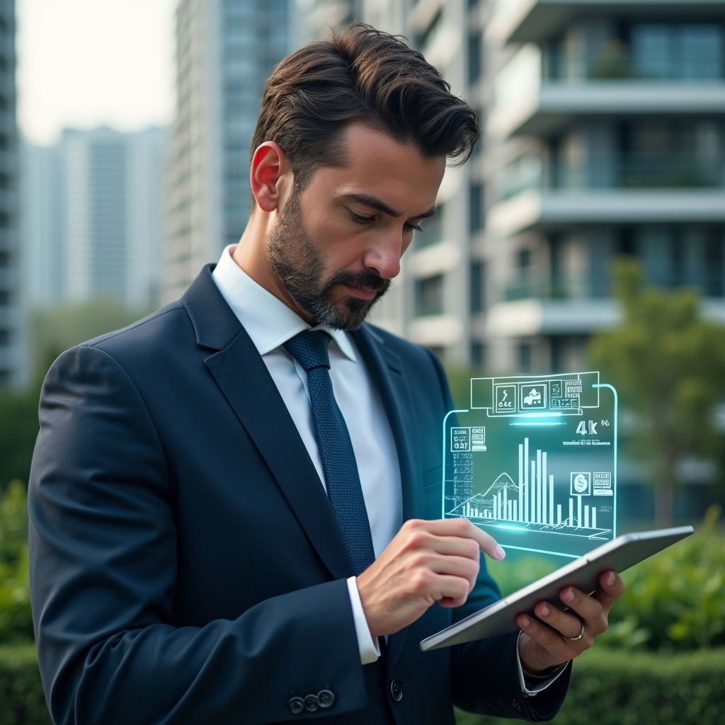 Ultra-realistic condominium manager in a navy executive suit, set in a modern luxury condominium environment with high-rise buildings and green landscaping, reviewing holographic expense charts and approving extraordinary budgets on a transparent tablet, with floating icons of receipts and approval stamps, confident and focused expression, cinematic lighting, shallow depth of field, highly detailed textures, realistic skin, photographic realism, 8k resolution --ar 1:1 --v 6