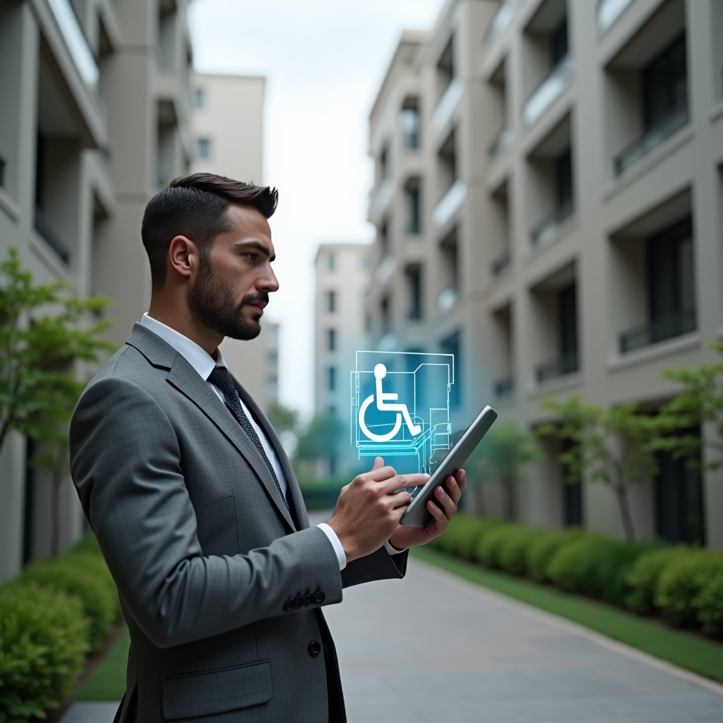 (Ultra-realistic property manager in a tailored gray suit, set in a modern luxury condominium environment with high-rise buildings and manicured green landscaping, medium shot, analyzing a digital tablet projecting a holographic wheelchair accessibility icon and ramp blueprints, conveying confidence and thoughtfulness, cinematic lighting, shallow depth of field, highly detailed textures, realistic skin, photographic realism, 8k resolution --ar 1:1 --v 6)