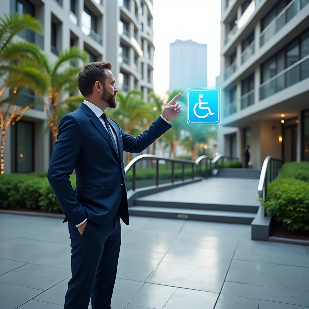Ultra-realistic condo manager in a navy blue suit, set in a modern luxury condominium environment with high-rise buildings and lush green landscaping, standing near a newly installed ramp and pointing confidently at a floating holographic accessibility icon, cinematic lighting, shallow depth of field, highly detailed textures, realistic skin, photographic realism, 8k resolution --ar 1:1 --v 6