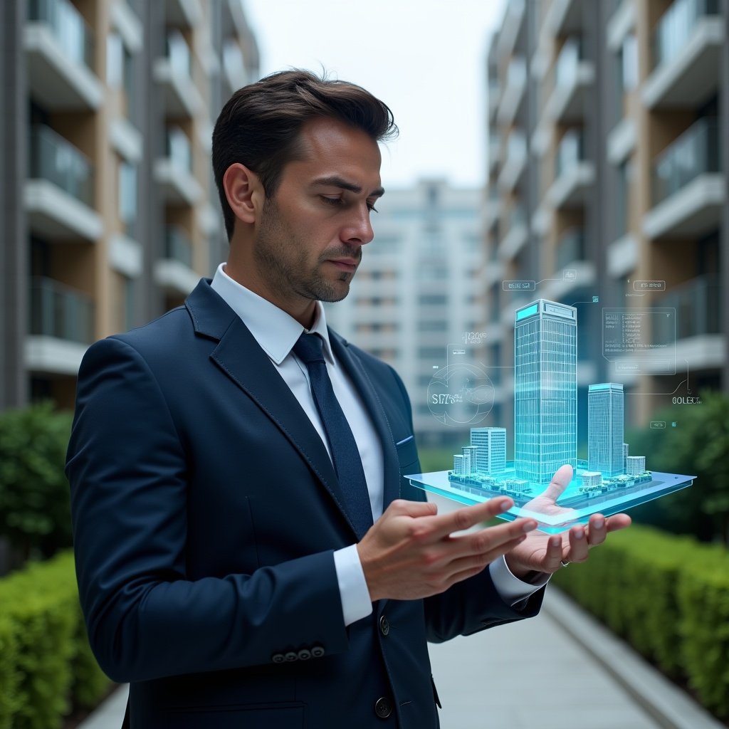 Ultra-realistic condominium manager in a tailored navy suit, set in a modern luxury condominium environment with high-rise buildings and manicured green landscaping, examining a floating holographic interface displaying smart building analytics and IoT sensors, confident and focused expression, cinematic lighting, shallow depth of field, highly detailed textures, realistic skin, photographic realism, 8k resolution --ar 1:1 --v 6