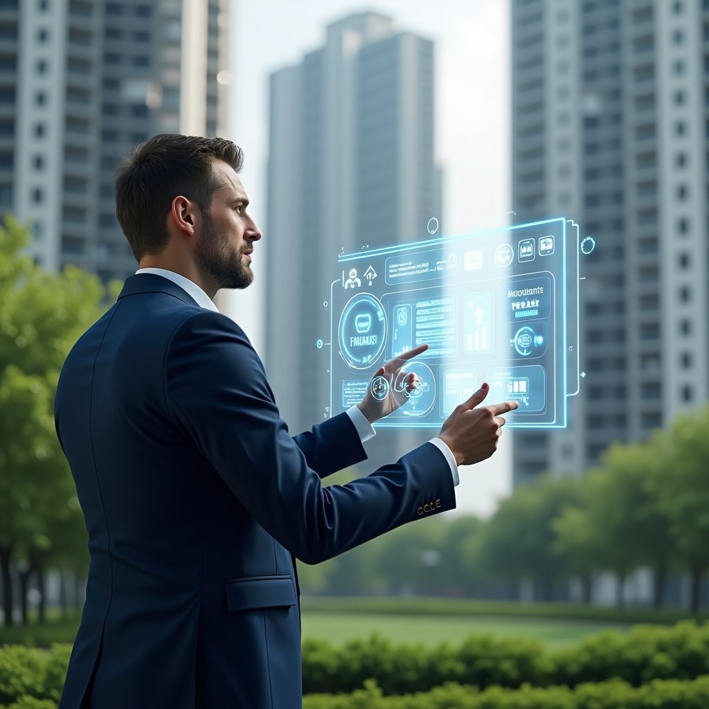 (Ultra-realistic condominium manager in a tailored navy blue suit, set in a modern luxury condominium environment with high-rise buildings and manicured green landscaping, interacting confidently with a floating holographic dashboard of digital management tools, holographic icons for finances, security cameras and task schedules hovering around, cinematic lighting, shallow depth of field, highly detailed textures, realistic skin, photographic realism, 8k resolution --ar 1:1 --v 6)