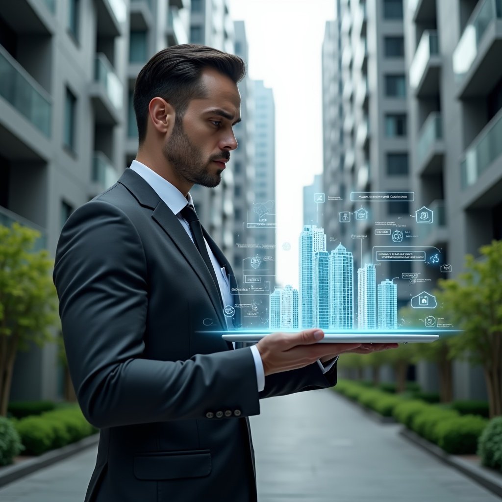 (Ultra-realistic property manager in a charcoal gray executive suit, set in a modern luxury condominium environment with high-rise buildings and manicured green landscaping, analyzing a floating holographic condominium management dashboard with charts and notifications, holographic icons of buildings and digital connectivity symbols surrounding them, confident and focused expression, cinematic lighting, shallow depth of field, highly detailed textures, realistic skin, photographic realism, 8k resolution --ar 1:1 --v 6)