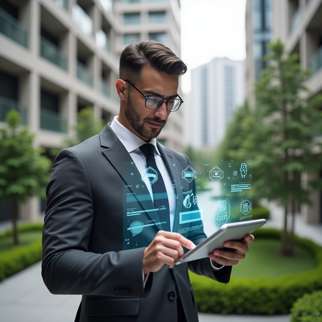 (Ultra-realistic condominium manager in a charcoal gray executive suit, set in a modern luxury condominium environment with high-rise buildings and pristine green landscaping, reviewing a transparent holographic tablet interface displaying community rules icons and digital chat bubbles, confident and approachable expression, cinematic lighting, shallow depth of field, highly detailed textures, realistic skin, photographic realism, 8k resolution --ar 1:1 --v 6)