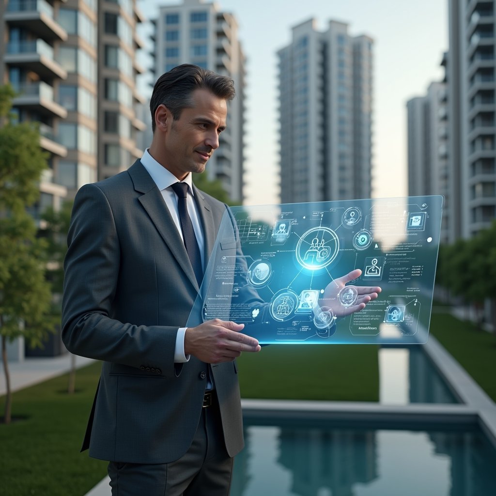 (Ultra-realistic property manager in a charcoal gray suit, set in a modern luxury condominium environment with high-rise buildings and meticulously landscaped greenery, medium shot with shallow depth of field, confidently interacting with a floating holographic dashboard displaying analytics and security icons, cinematic lighting, highly detailed textures, realistic skin, photographic realism, 8k resolution --ar 1:1 --v 6)